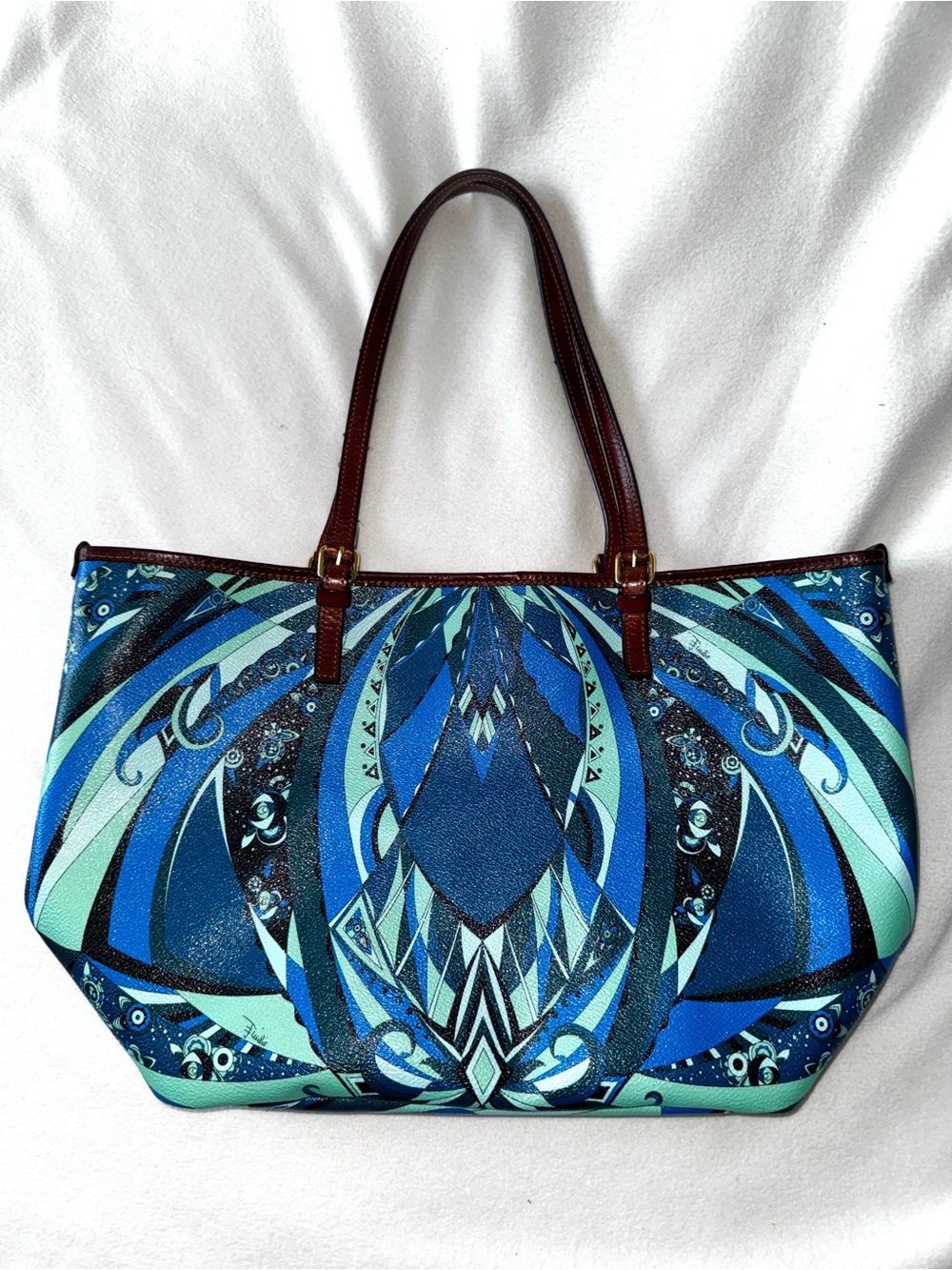 EMILIO PUCCI Coated Canvas Geometric Tote with Leather Straps/Trim Blues Greens